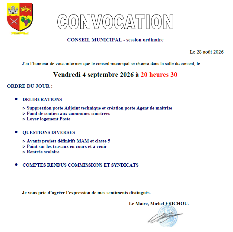 Convocation Conseil municipal 04 septembre 2026