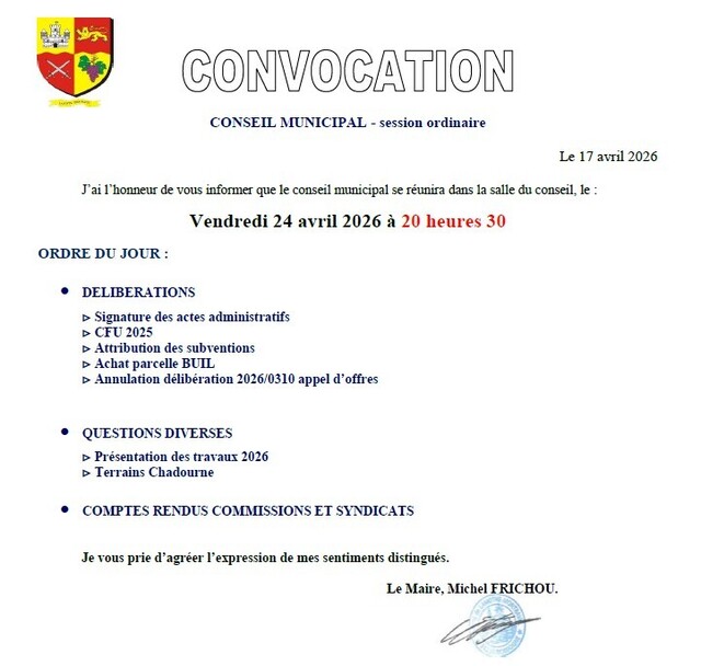 Convocation Conseil municipal 24 avril 2026